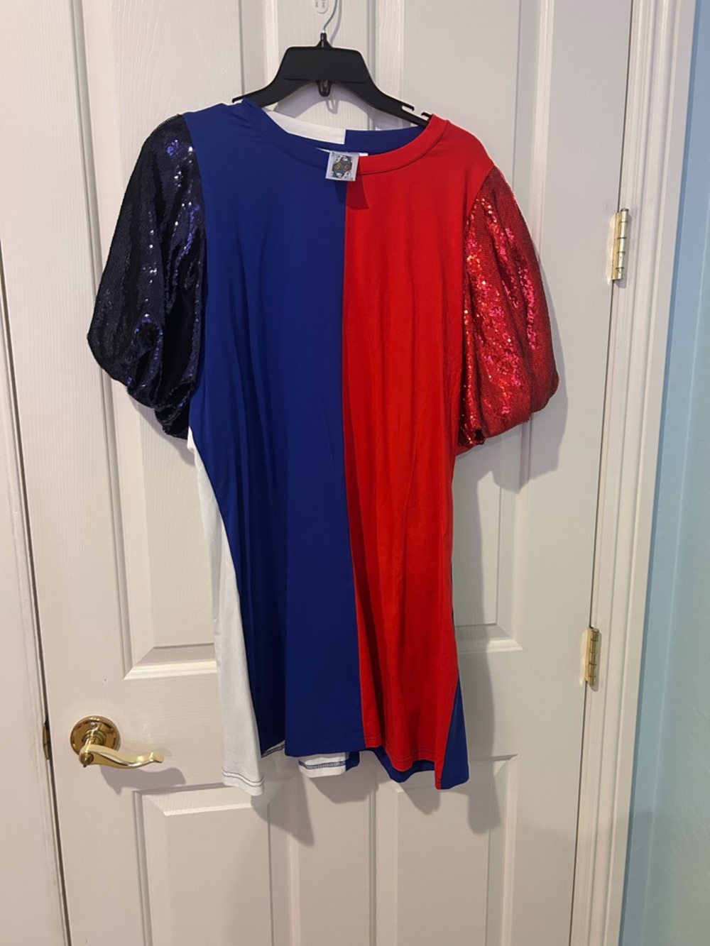 NWT Queen of sparkles Sequin puffy Sleeve Tshirt Dress - Blue & Red